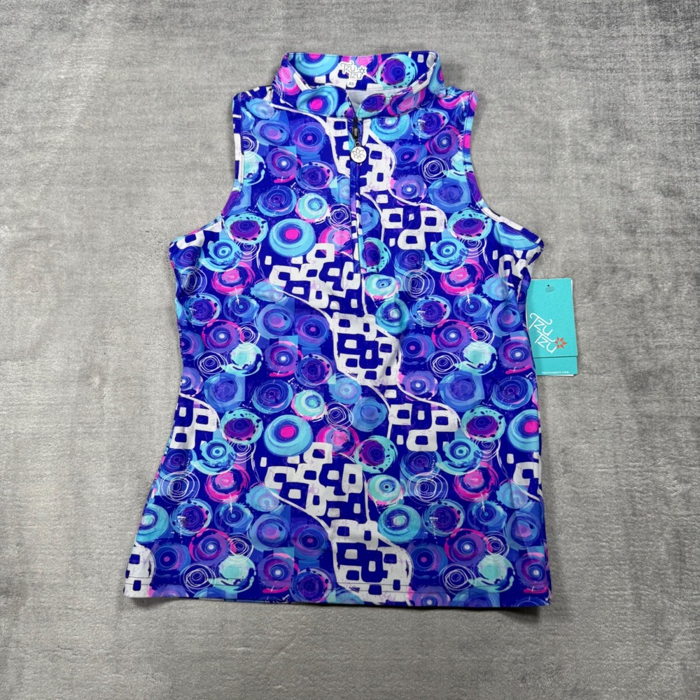 Tzu Tzu Bella Golf Top Womens XS Cabo Rock Blue Purple Zip UPF 50 Sleeveless NEW